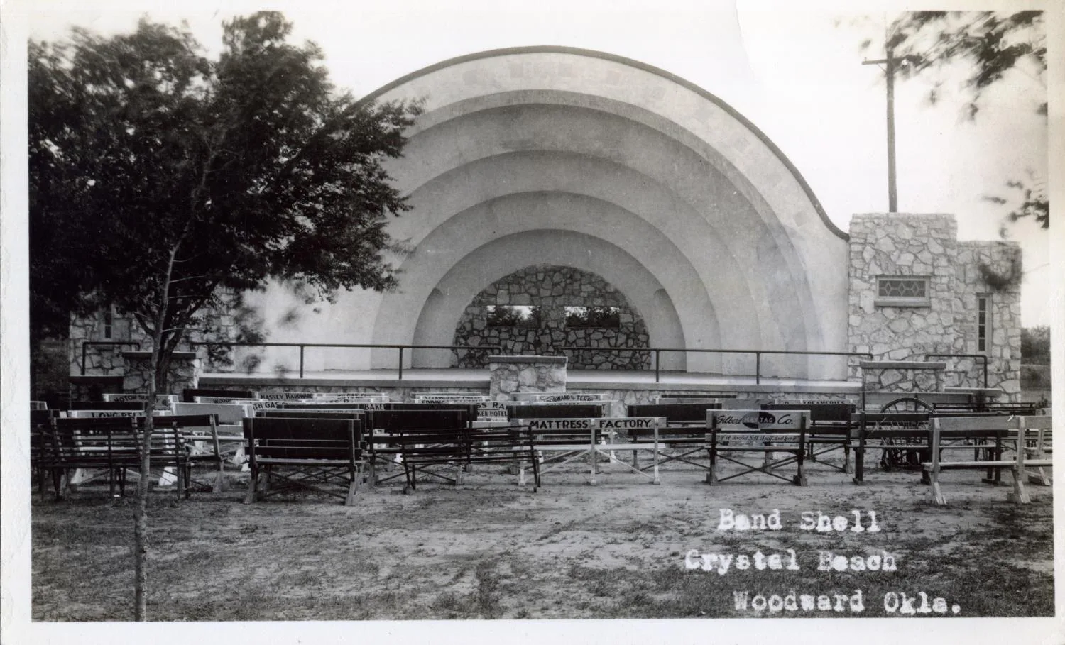 Photograph of a post card of the Crystal Beach Band Shell, Woodward, OK, postmarked June 21, 1936.