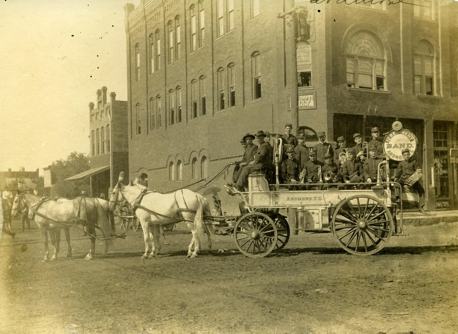 Photograph of the First Regiment Band of the Ardmore Fire Department in Ardmore, OK, 1907.