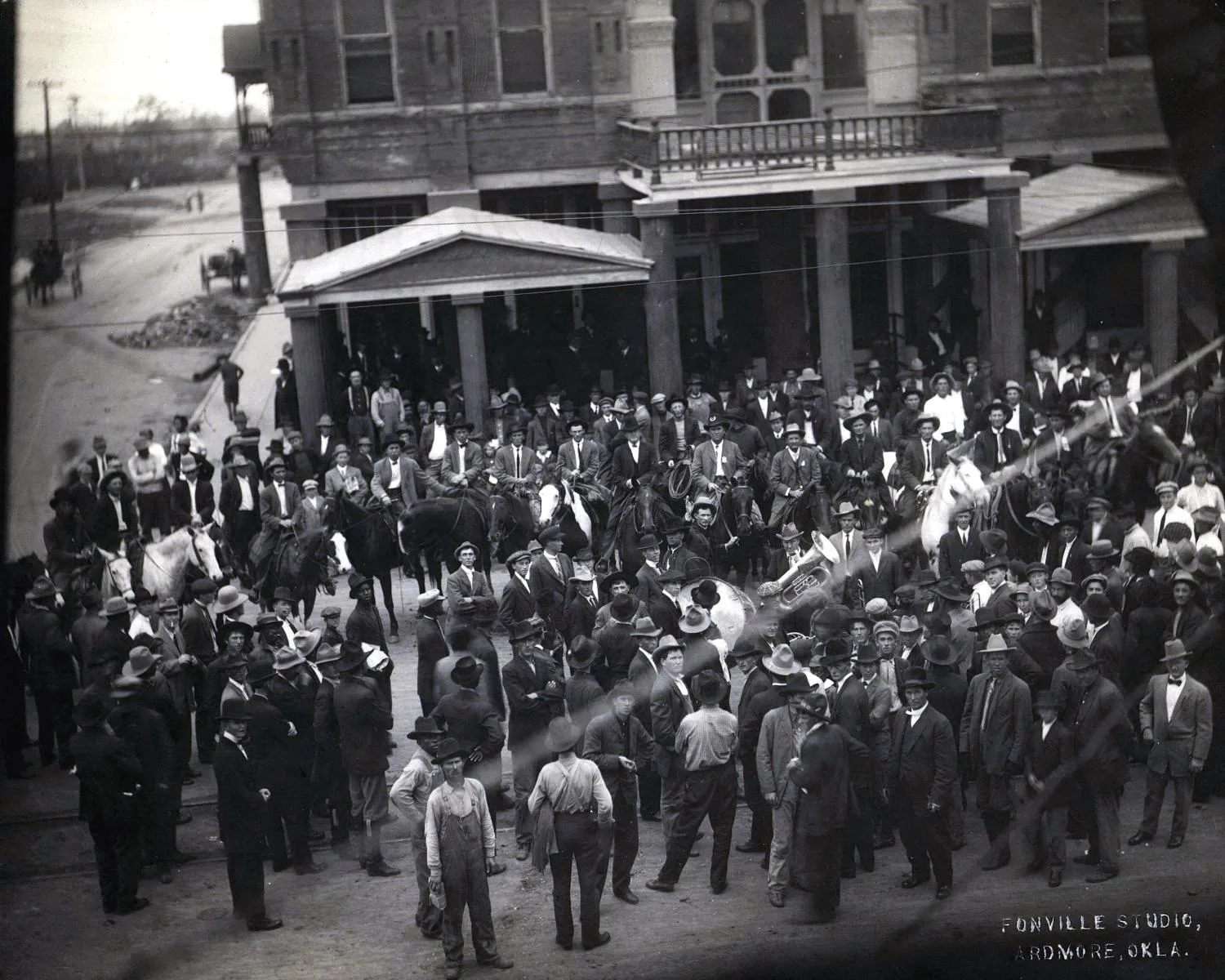 Crowd in front of the Whittington Hotel.