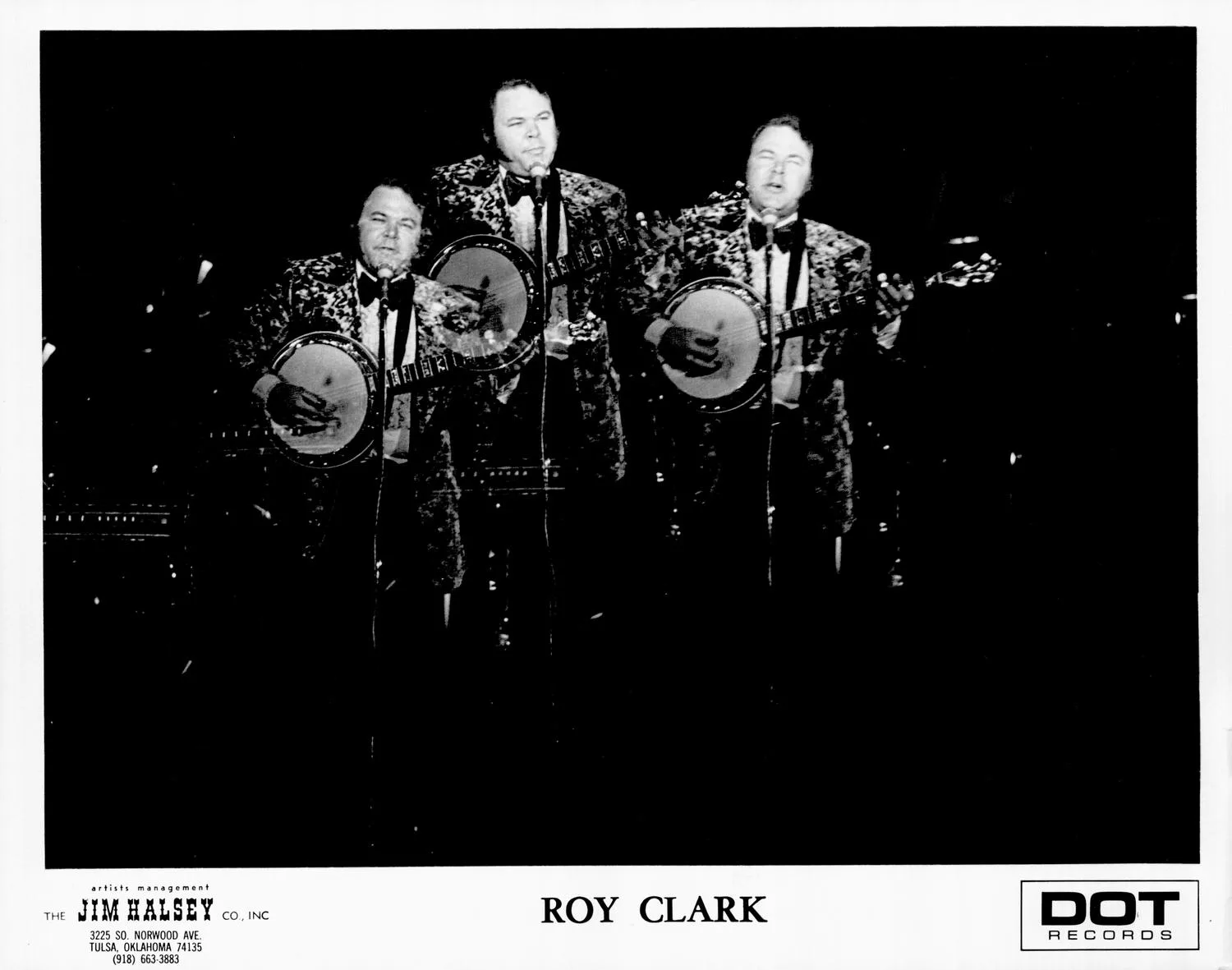 Clark Roy playing banjo with 2 images of him behind him.
