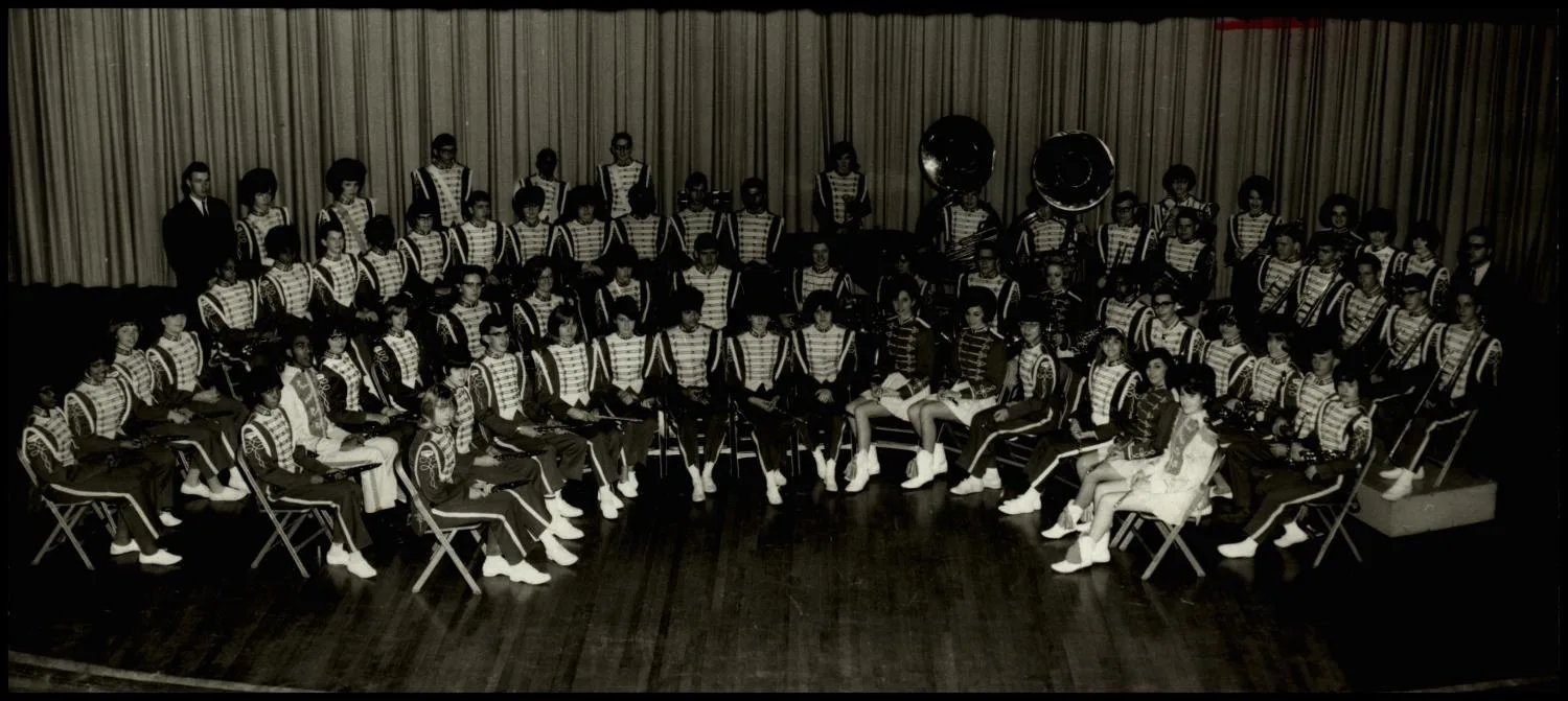 Photograph used for a story in the Daily Oklahoman newspaper. Caption: "Chicago-bound Guthrie High School Bluejay Band is pictured here in concert arrangement."