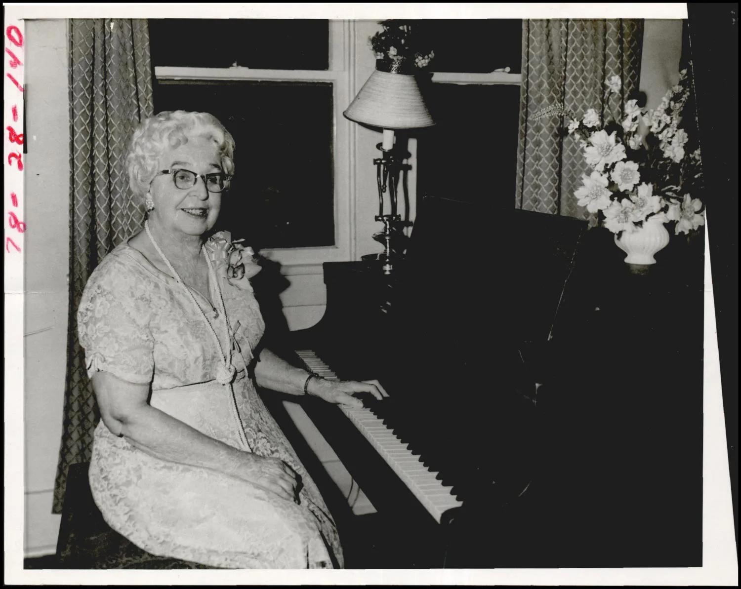 Photograph used for a story in the Oklahoma Times newspaper. Caption: "Mrs. R.L. Case, longtime Frederick piano and voice teacher, had hoped to teach until she was 80 but today she's 79 and doctors say she must quit."