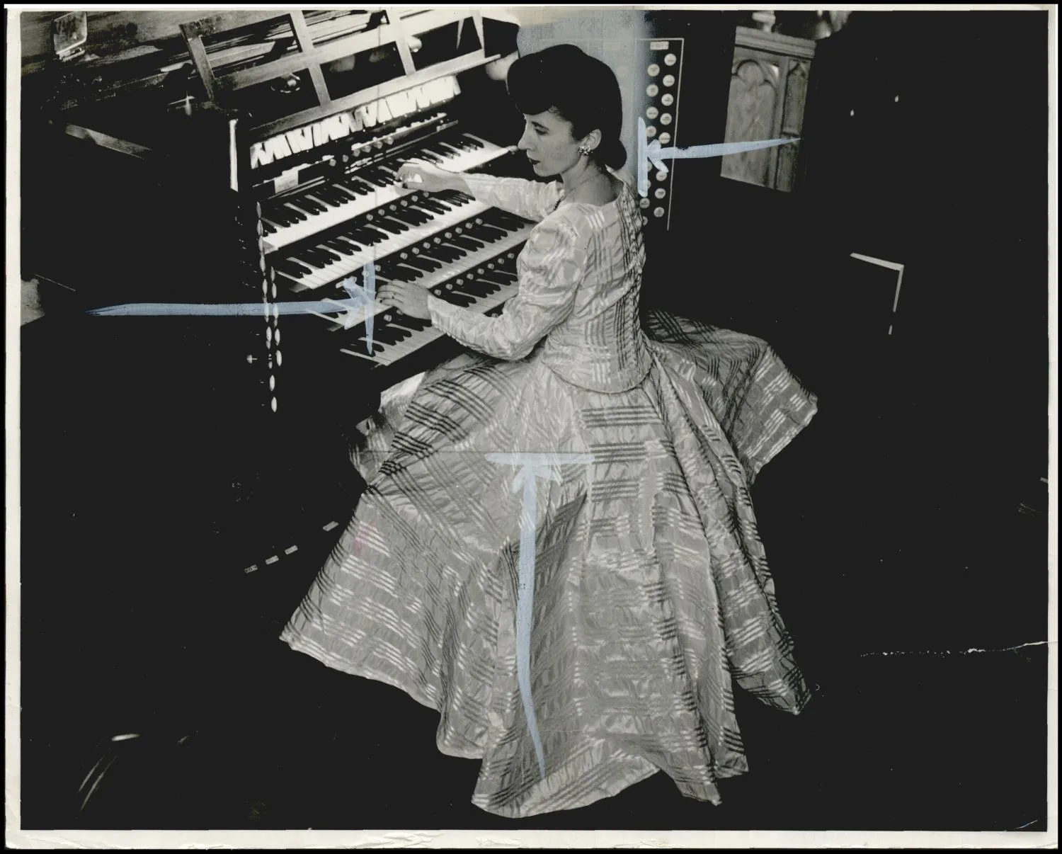 Photograph used for a story in the Daily Oklahoman newspaper. Caption: "The Oklahoma A&M., Stillwater, chapters of Sigma Alpha Iota, Phi Mu Alpha, Kappa Kappa Psi, and Tau Beta Sigma are presenting Jeanne Gentry Waits, organist, in recital at 8:14 p.m. Tuesday in the College Auditorium."