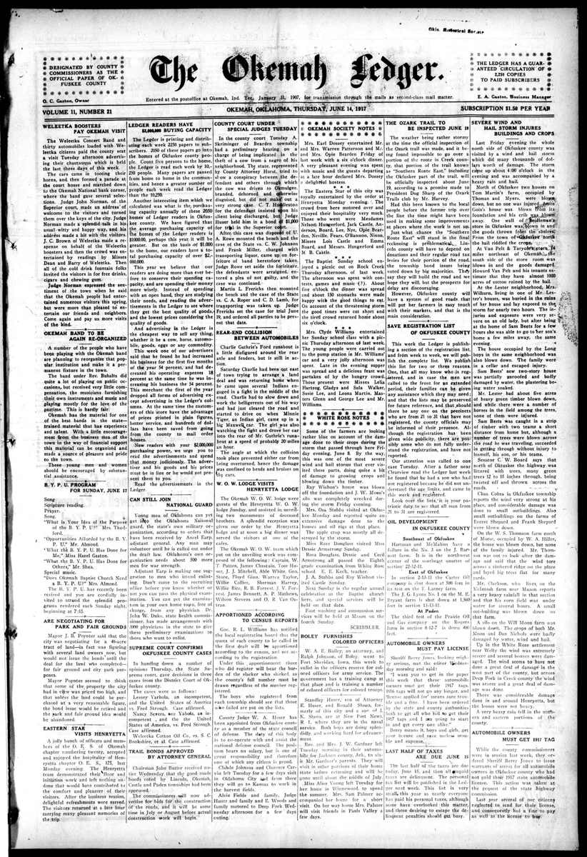 The reviewed Oklahoma band history identifies Okemah Band in Okemah and gives the evidence date as Documented by 1919. The narrative cites a 1919 newspaper editorial advocating municipal support for the band.