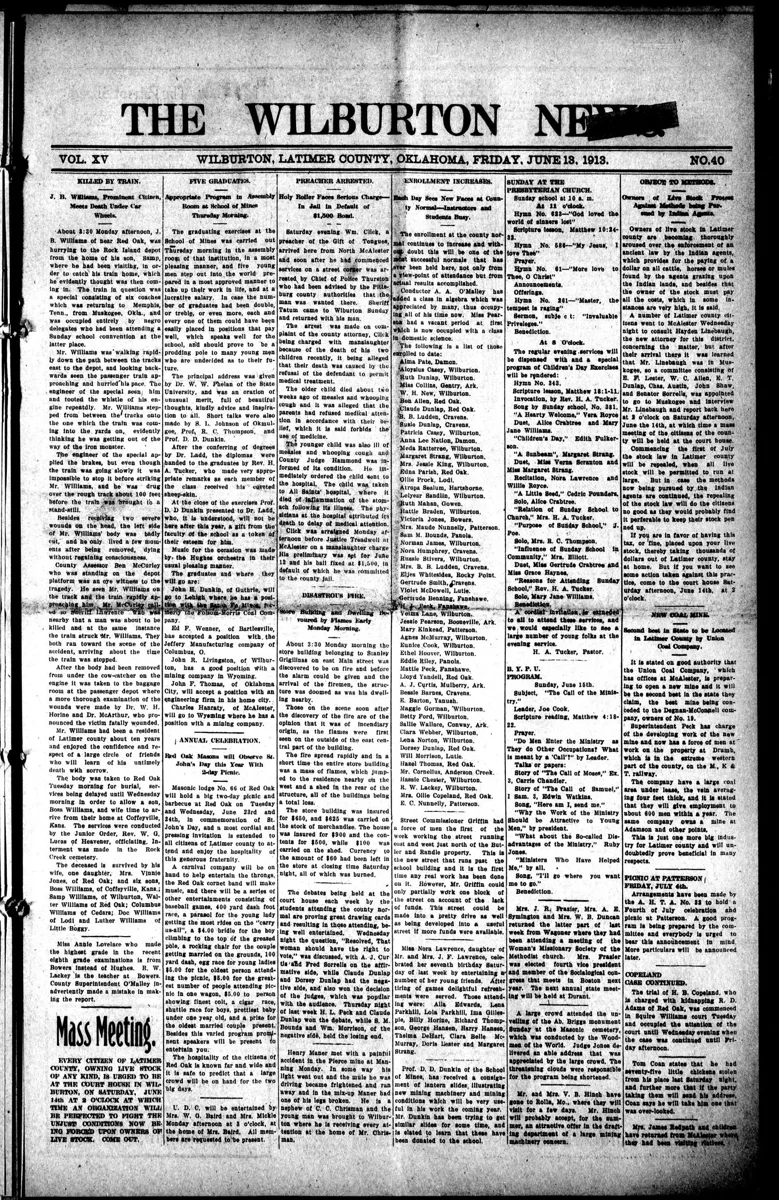 The Wilburton News announced that the Red Oak cornet band would make music at the Red Oak Masonic lodge’s June 23–24, 1913 celebration.